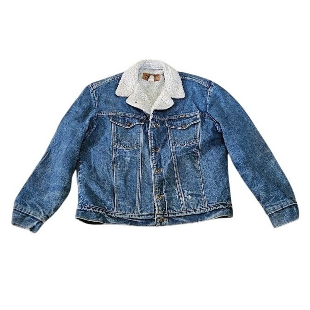 Wrangler Vintage Sherpa Lined Denim Jacket Mens Large Blue Trucker Made in USA